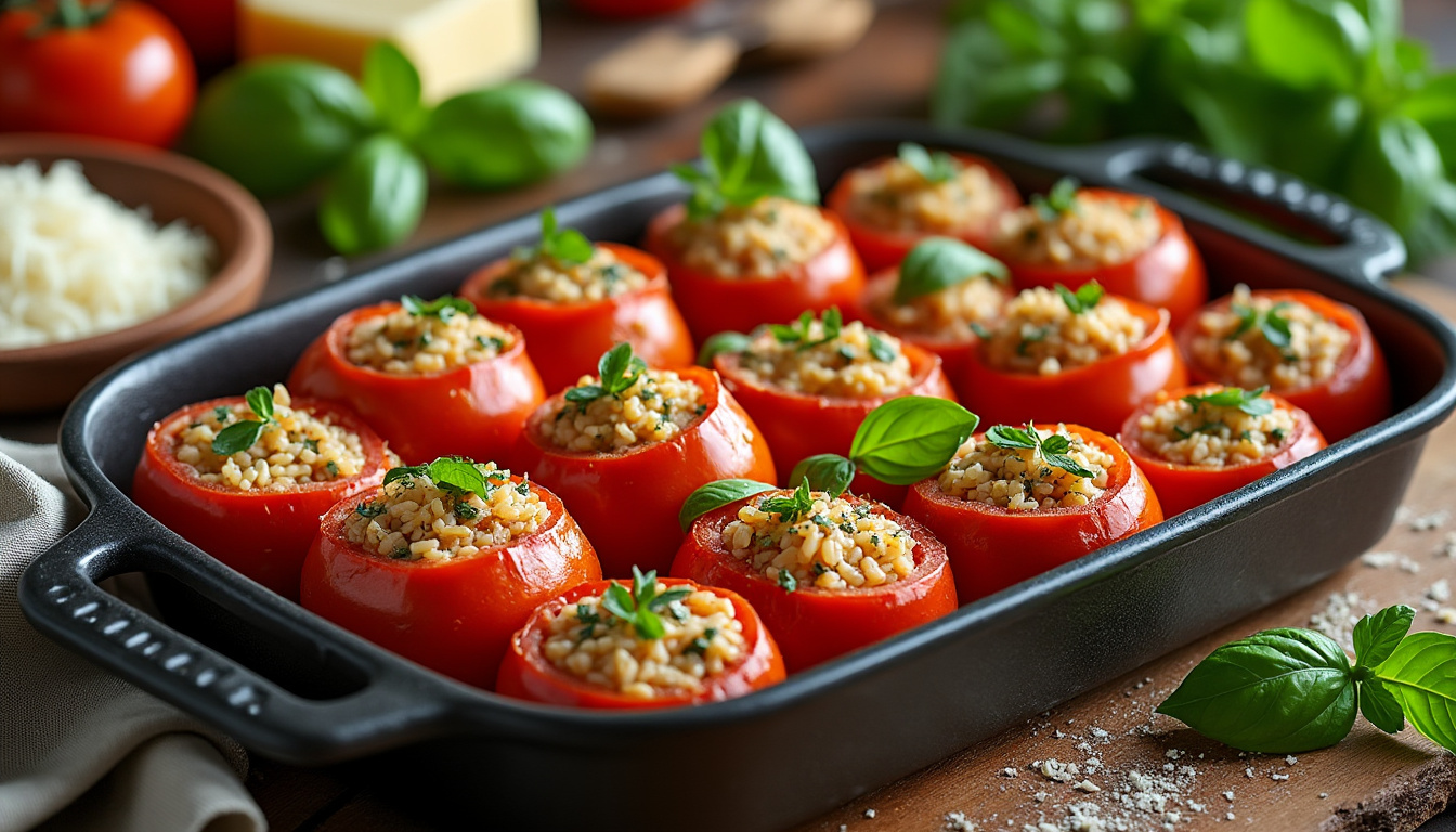 découvrez notre recette simple et délicieuse de tomates farcies au riz, parfaite pour un repas savoureux et convivial.