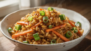 découvrez une recette savoureuse de riz sauté aux carottes et poireaux, relevée d'une délicieuse sauce soja pour un plat simple et gourmand.